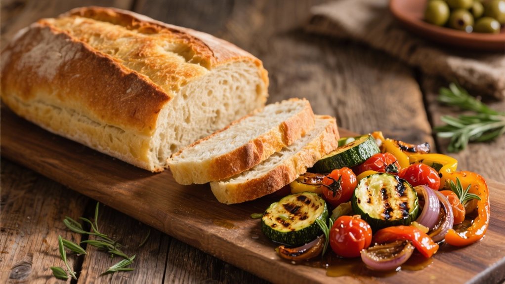 roasted vegetables on olive bread