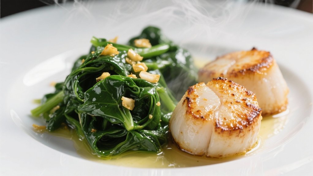 saut ed spinach complements scallops