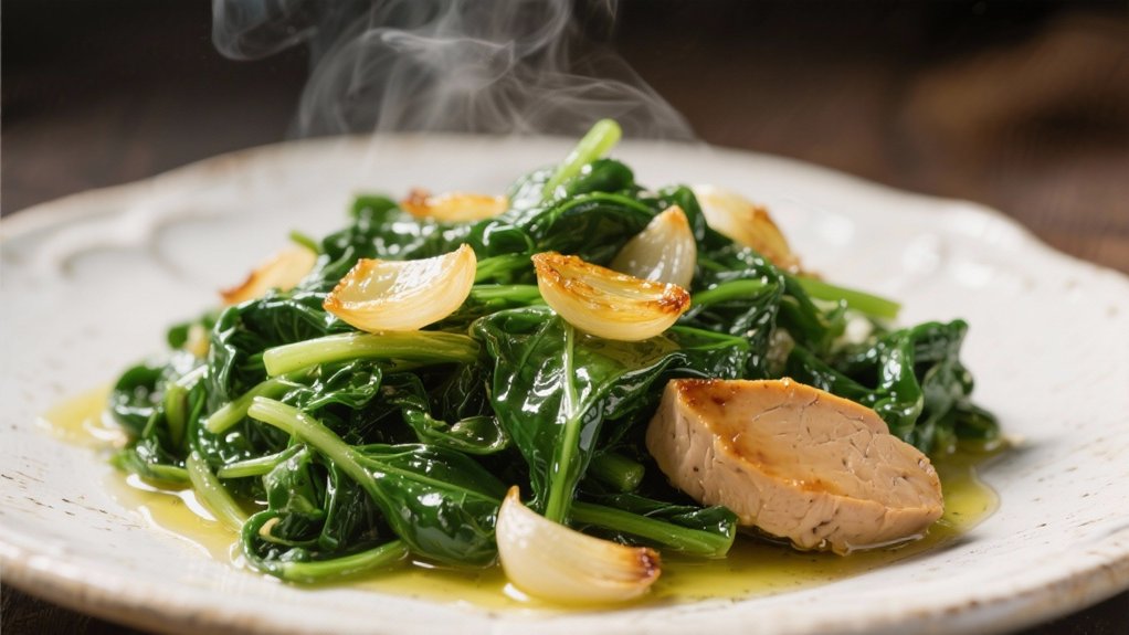 saut ed spinach enhances foie gras