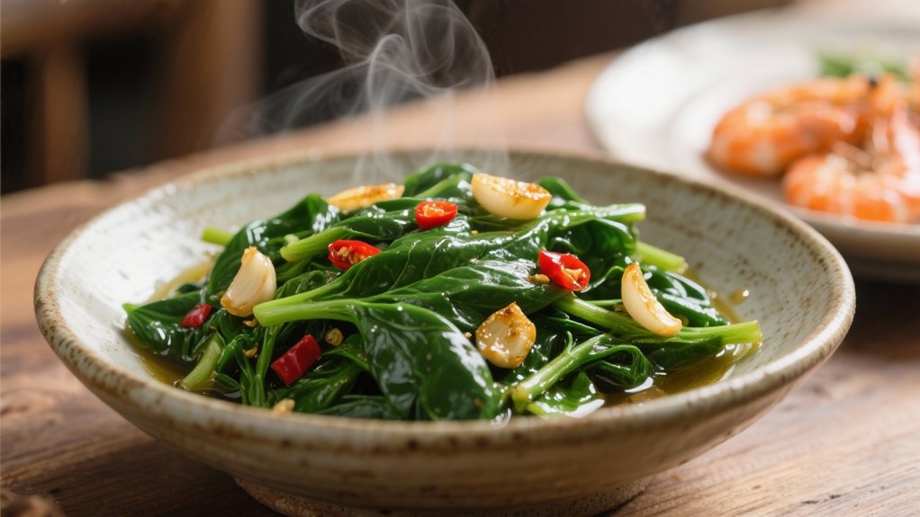 saut ed spinach enhances shrimp