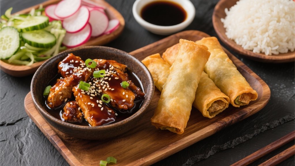 savory chicken with egg rolls