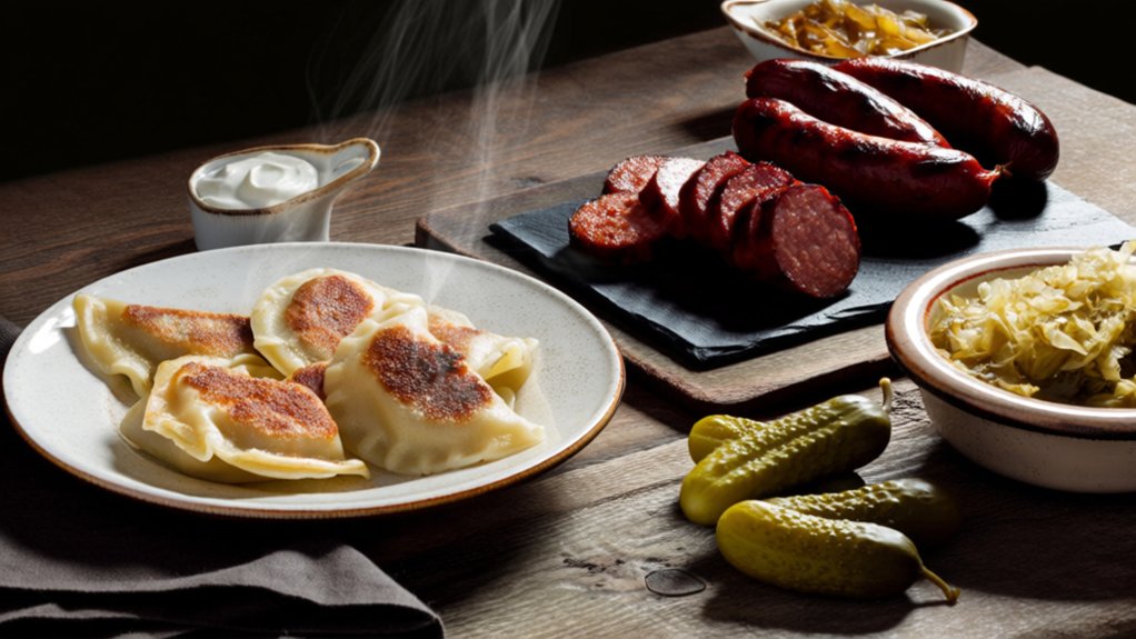 savory kielbasa enhances perogies