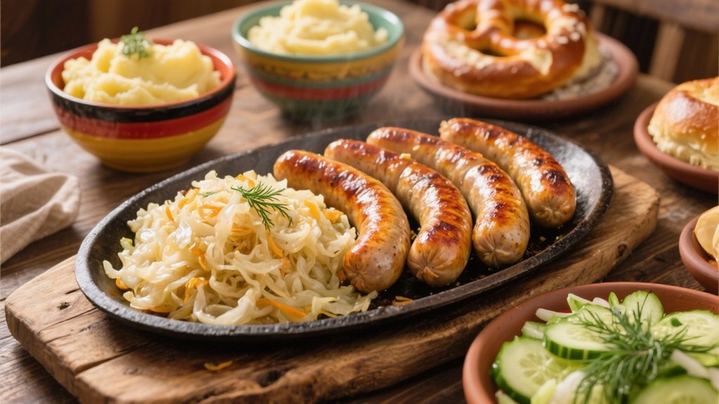 sizzling bratwurst with sauerkraut