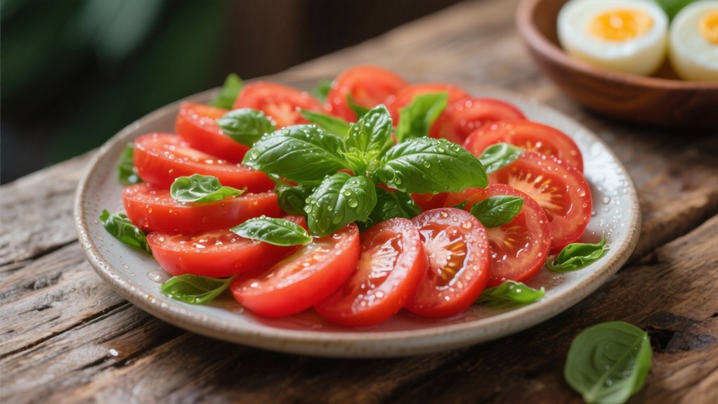 sliced tomatoes with basil