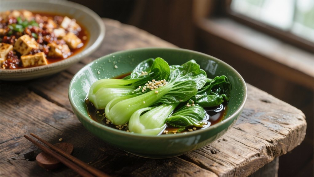 steamed bok choy complements mapo tofu