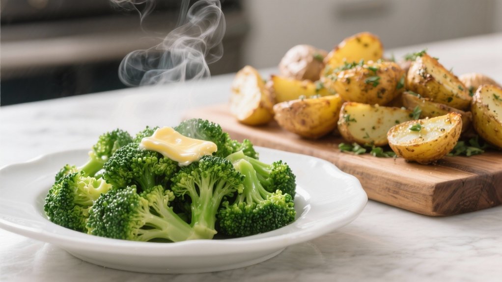 steamed broccoli complements potatoes