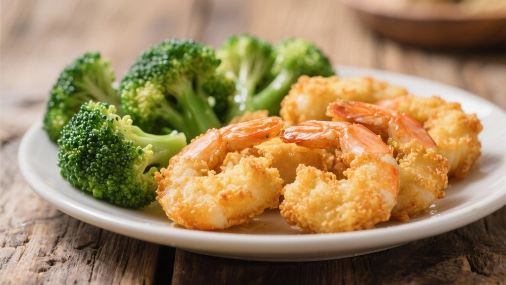 steamed broccoli complements shrimp