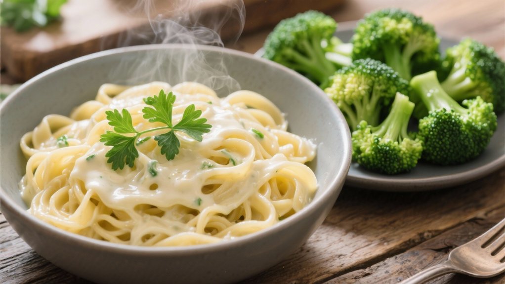 steamed broccoli enhances alfredo