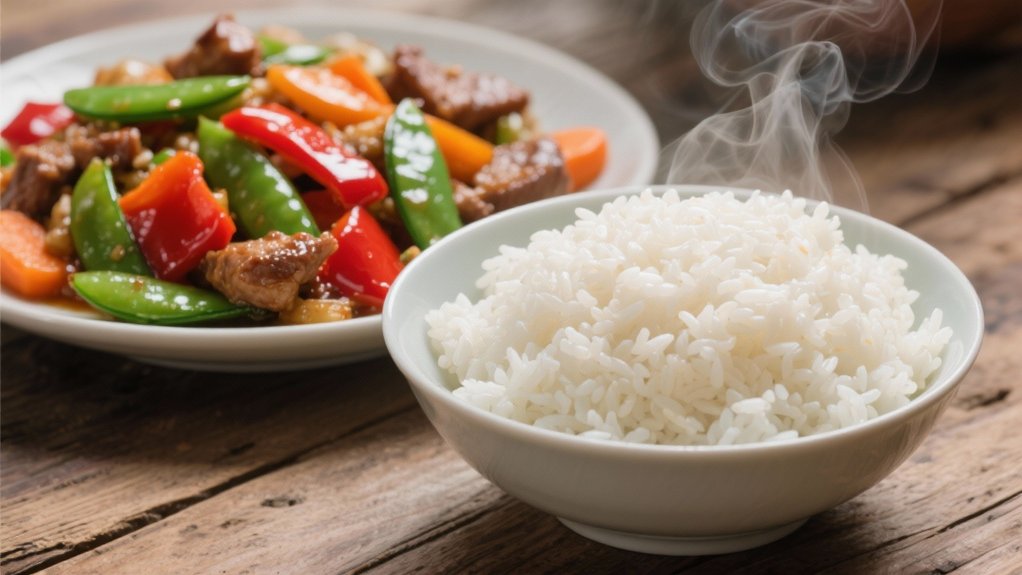 steamed jasmine rice enhances stir fries