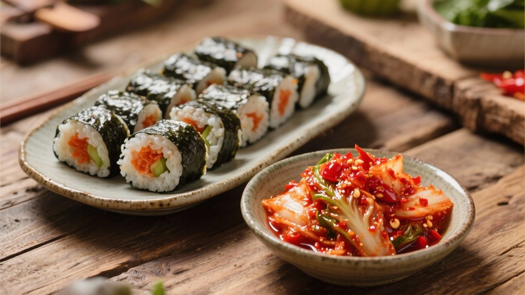 tangy kimchi complements kimbap