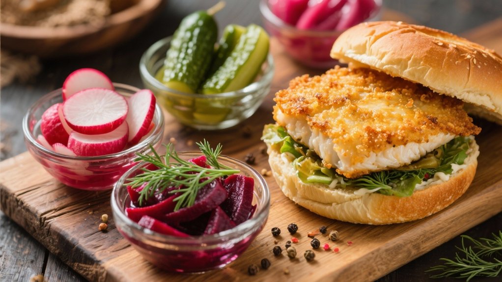 tangy pickles enhance fish sandwiches