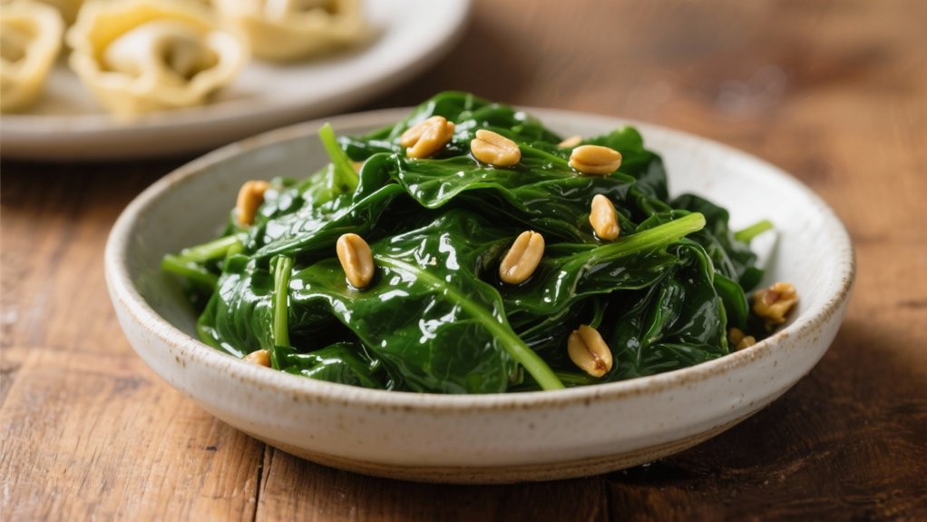 tender spinach toasted pine nuts