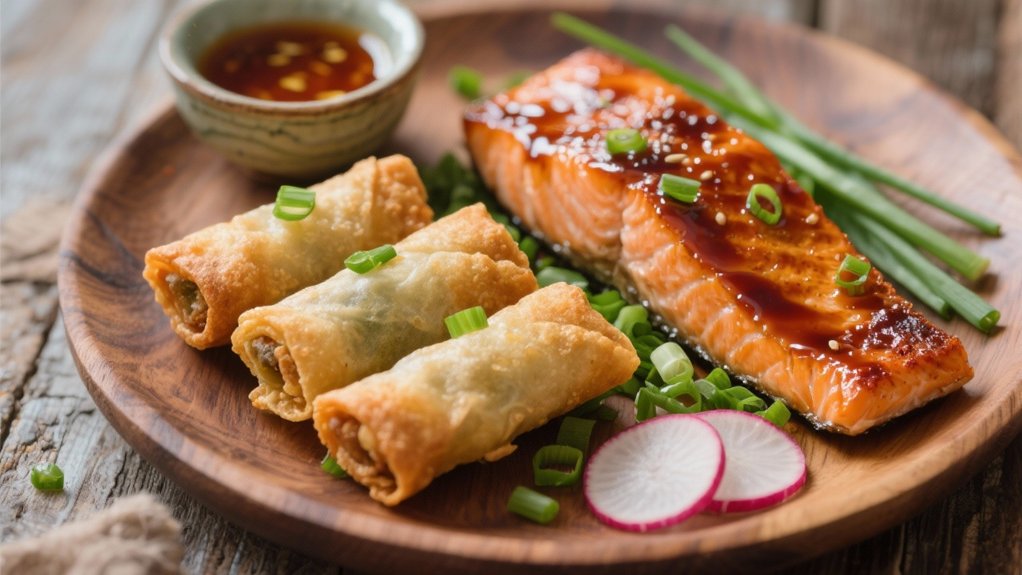 teriyaki salmon enhances spring rolls