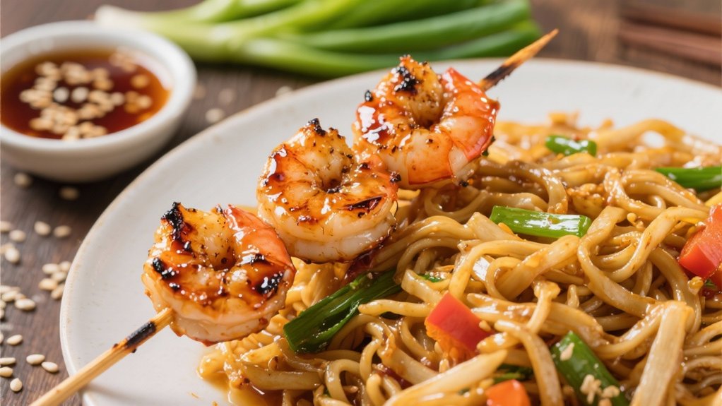 teriyaki shrimp enhances chow mein