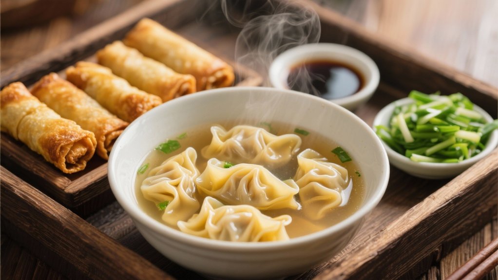wonton soup complements egg rolls
