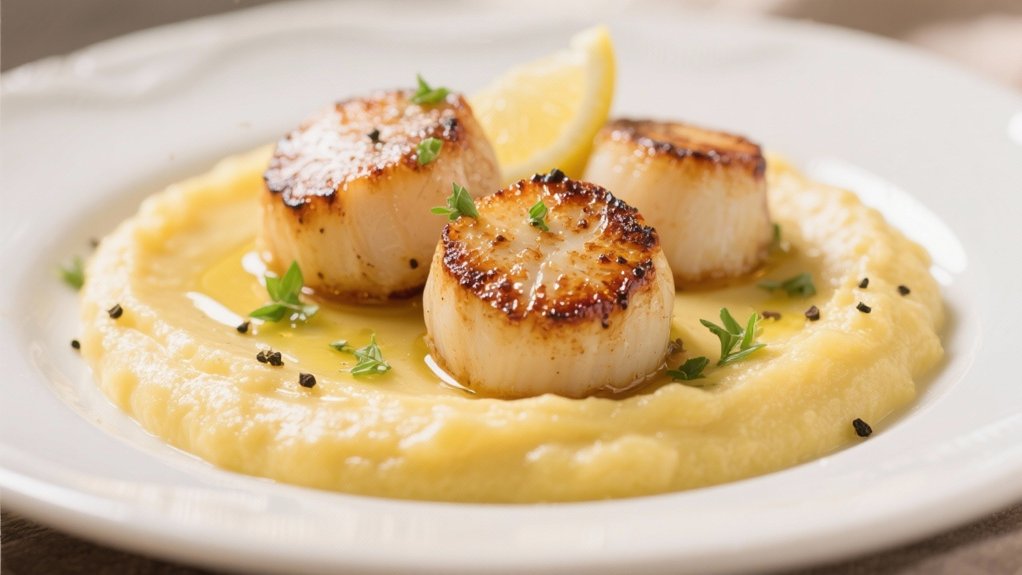 creamy polenta enhances scallops