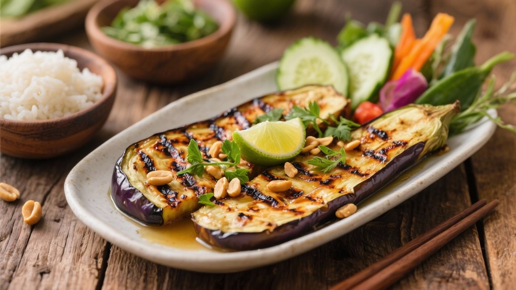 grilled eggplant complements larb