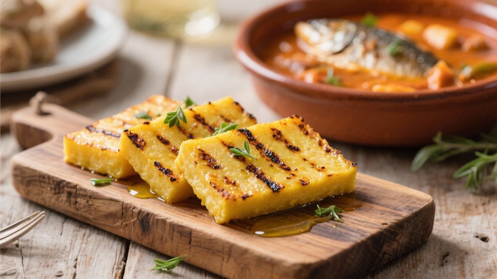 grilled polenta enhances fish stew