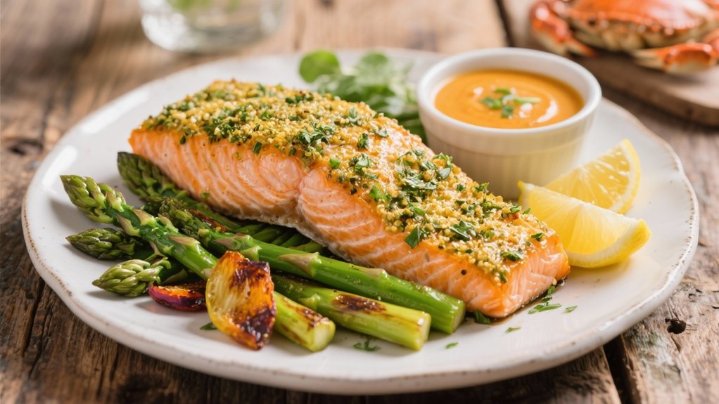 herb crusted salmon and bisque