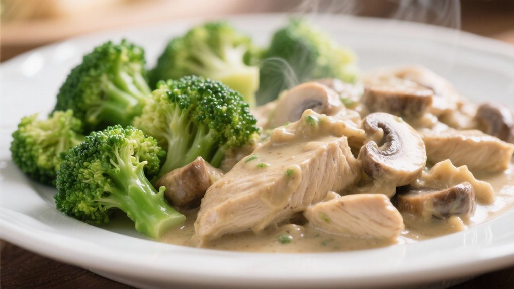 steamed broccoli enhances stroganoff