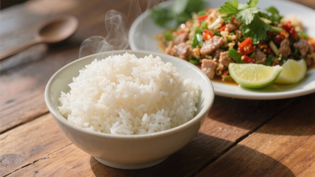 steamed jasmine rice complements larb