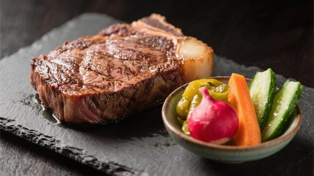 tangy pickles enhance wagyu