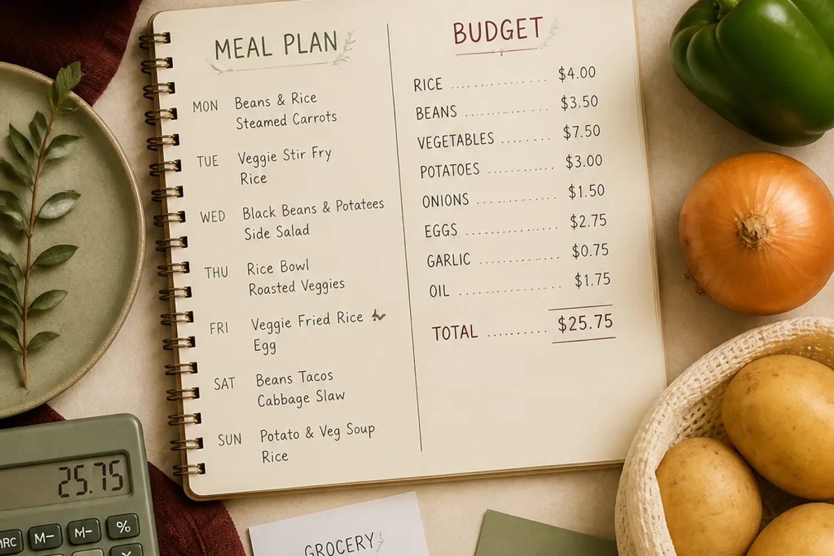 Grocery budget flat lay with calculator, receipt, produce bags, and affordable pantry ingredients.