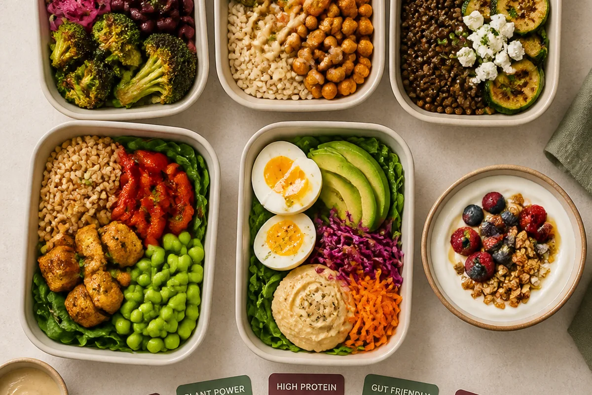 Neatly arranged meal prep containers with grains, roasted vegetables, protein foods, and macro cards.