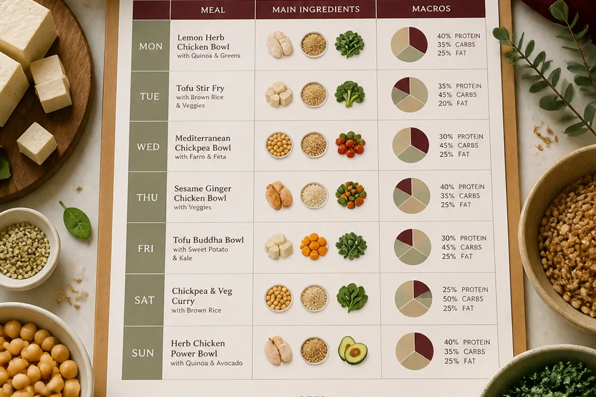 Weekly meal planning board with macro charts, ingredient bowls, and measuring tools.