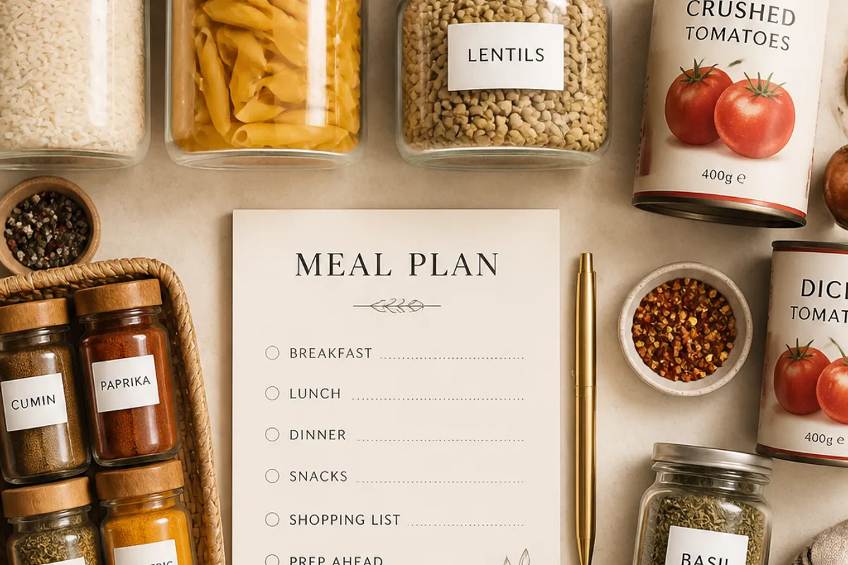 Organized pantry jars, canned goods, spices, and a meal planning checklist.