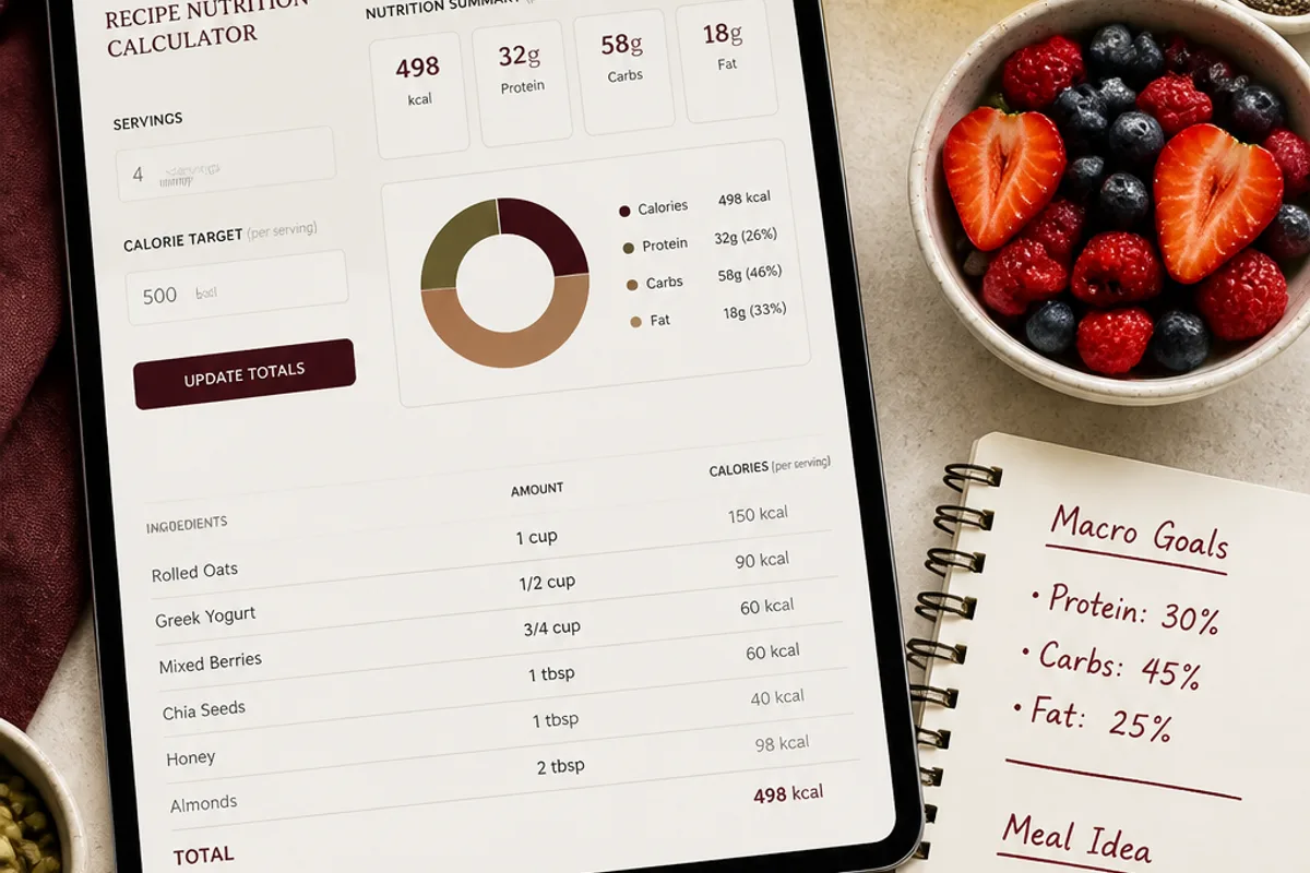 Flat lay of recipe ingredients, measuring spoons, and macro notes beside a nutrition calculator interface.